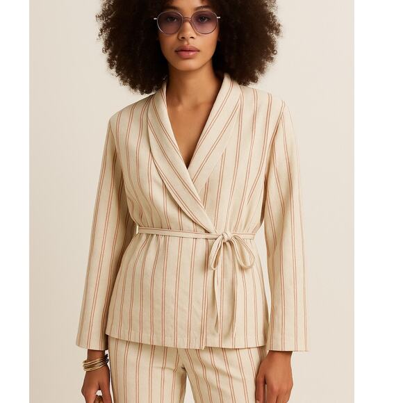 J Crew Cream Striped Collar Neck Oversized Tie Waist Wrap Top - Picture 1 of 11